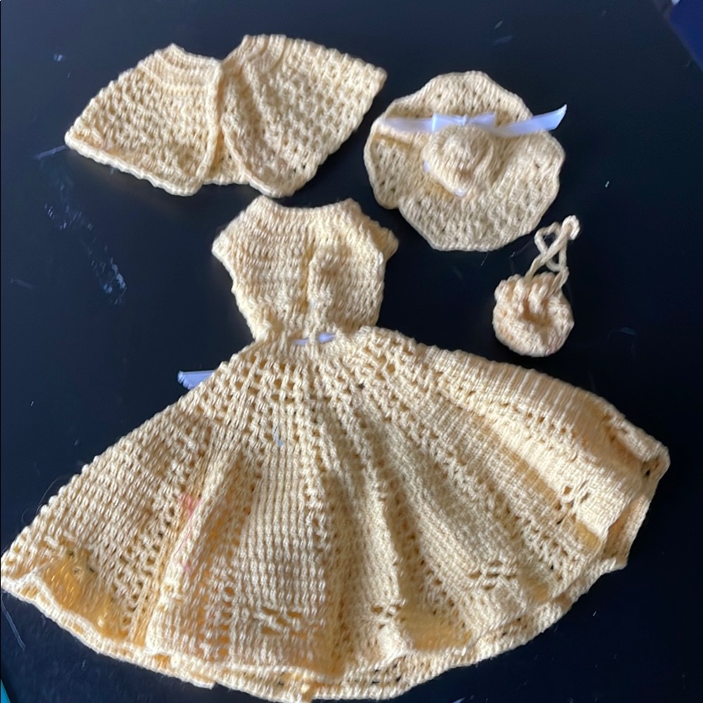 Vintage hand crocheted doll dress and accessories